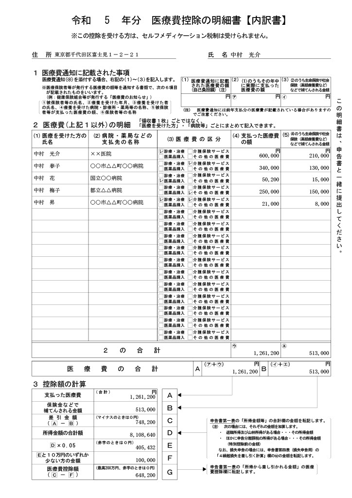 医療費控除の明細書【内訳書】