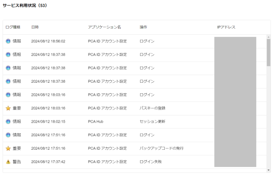 サービス利用状況画面（アカウント設定）